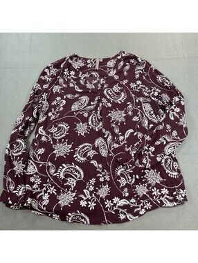 Brina & Em Size L Burgundy Paisley Long Sleeve V-neck Top Lightweight
